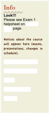 Info
￼
Look!!! Please see Exam 1 helpsheet on Exams 2014 page.

Notices about the course will appear here (exams, presentations, changes in schedule).

UT electronic journals

UT library databases!

Pubmed

My Lab’s Website

The Wiki

